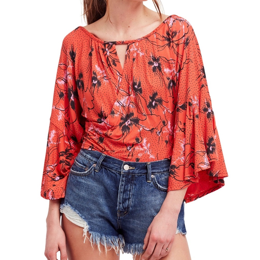 Free People Last Time Floral Bell Sleeve Faux Wrap Blouse Poppy Red Small